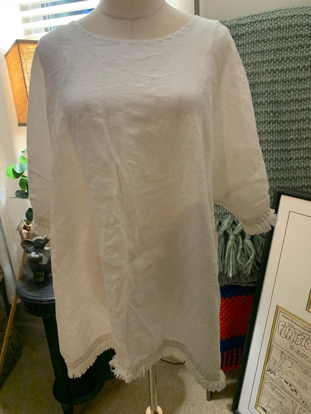 Women’s Zelante Italian 100% Linen Tunic White Linen Fringe Hem Top Size 2X